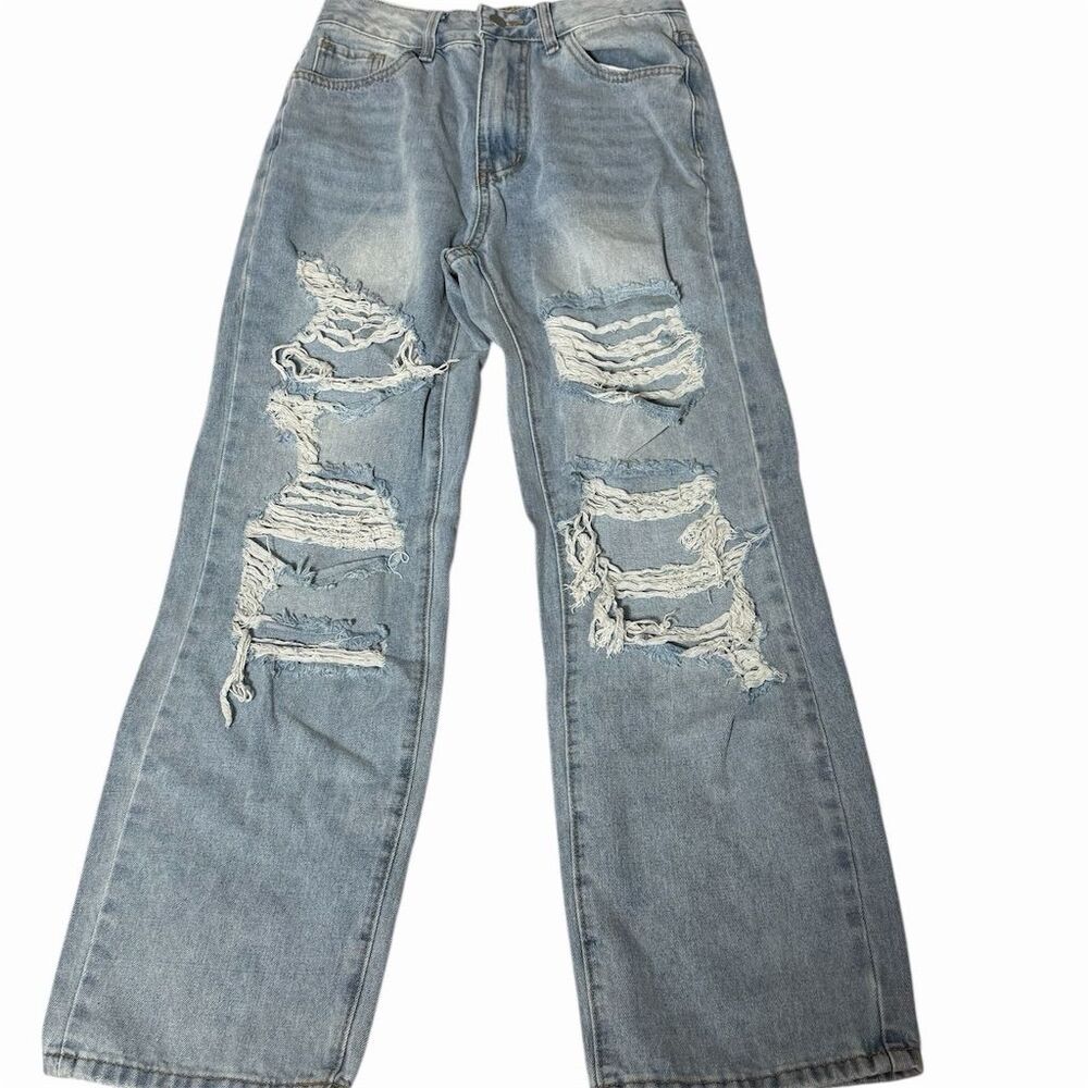 GIRLS SHEIN Petite Distressed Wide-Leg Jeans S Blue Light Wash
